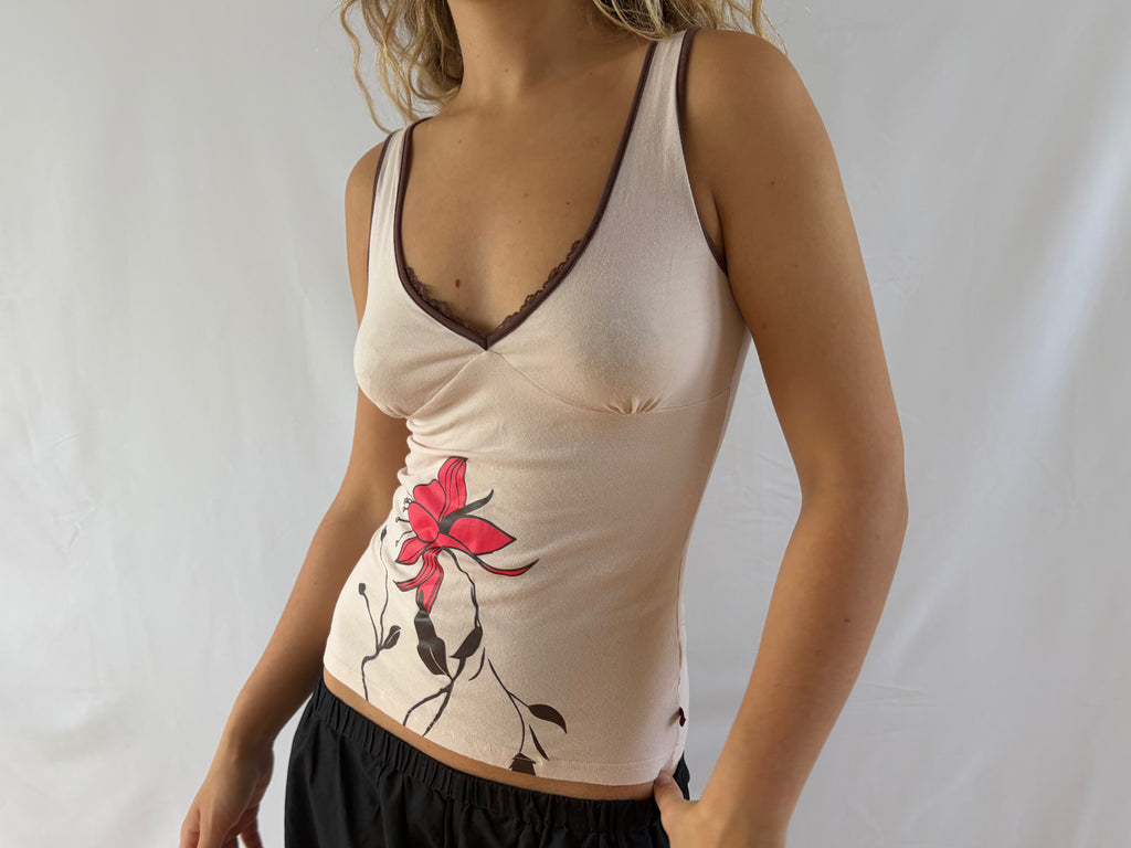 Beige top med stort blomsterprint