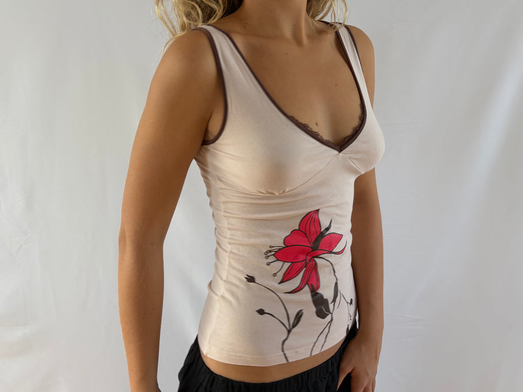 Beige top med stort blomsterprint