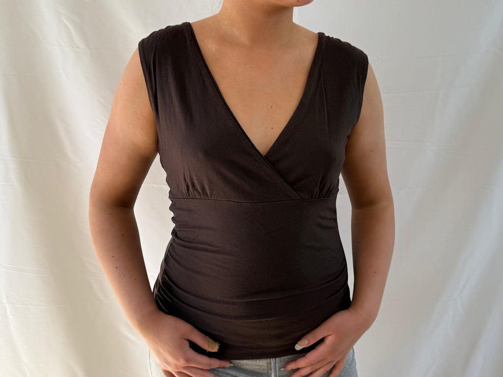 Brown sleeveless top with V-neck