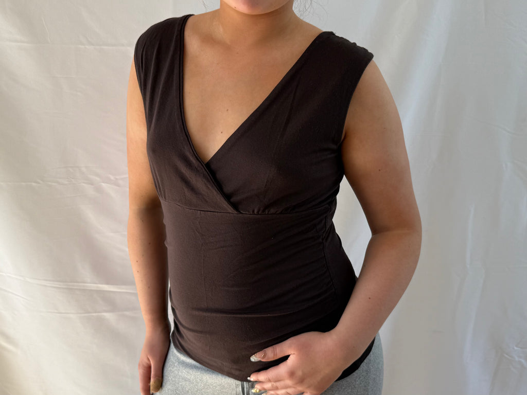 Brown sleeveless top with V-neck